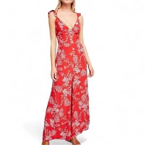 Free People Jumpsuit Floral Red Flutter Sleeve Button‎ Up "Be The One" Size 2